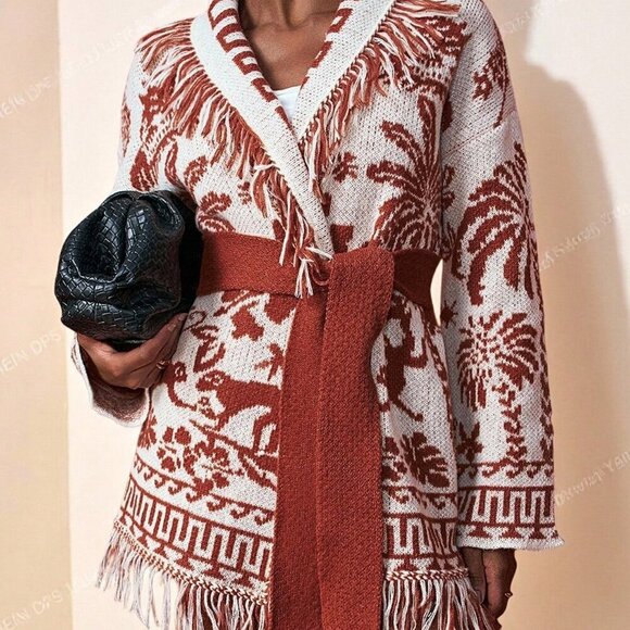 Sweaters - Multicolor Elegant Womens V-Neck Belted Sweater Cardigan